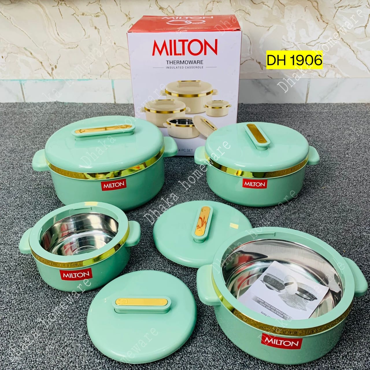 4 Pcs Milton Hotpot Set Golden Rim (Sea Green)