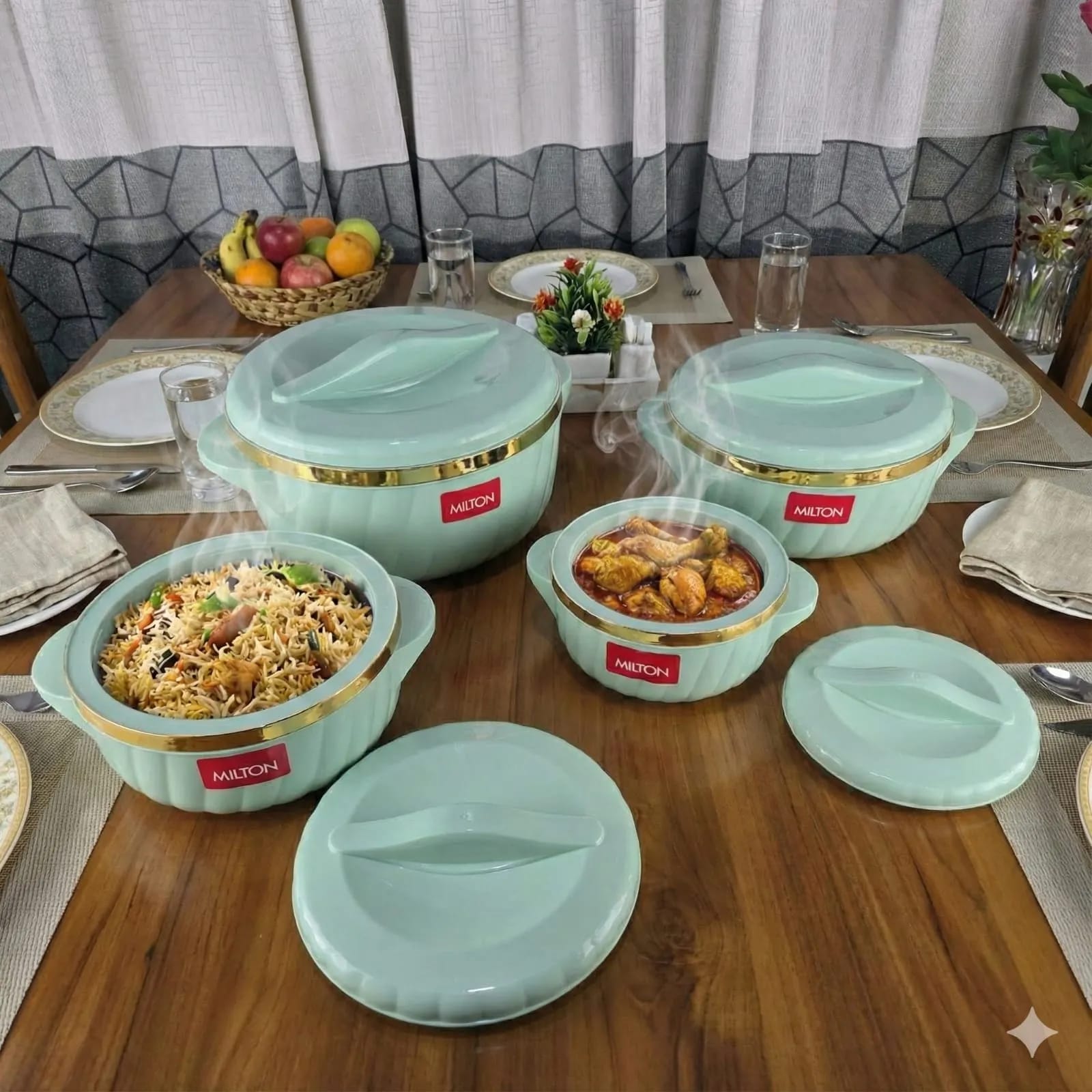 New 4 Pcs Milton Hotpot Set Golden Border (Mint Green)
