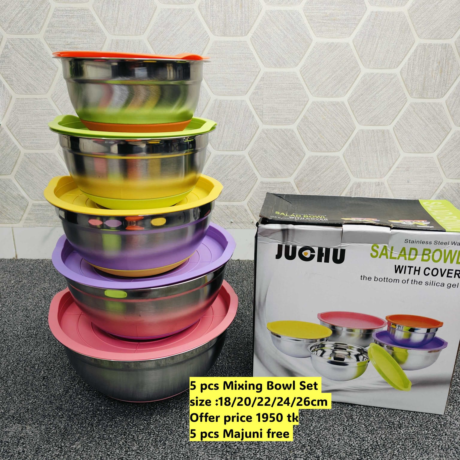 Premium 5Pcs Stainless Steel Mixing Bowls 18-26cm Diameter Metal Nesting Bowls with Colorful Airtight Lids Non-Slip Bottoms