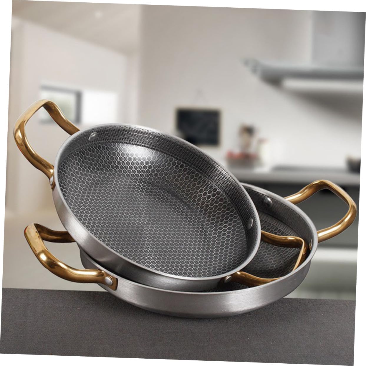 28CM Honeycomb Flat pan Steel Wok with Double Handle for Gas Electric Induction
